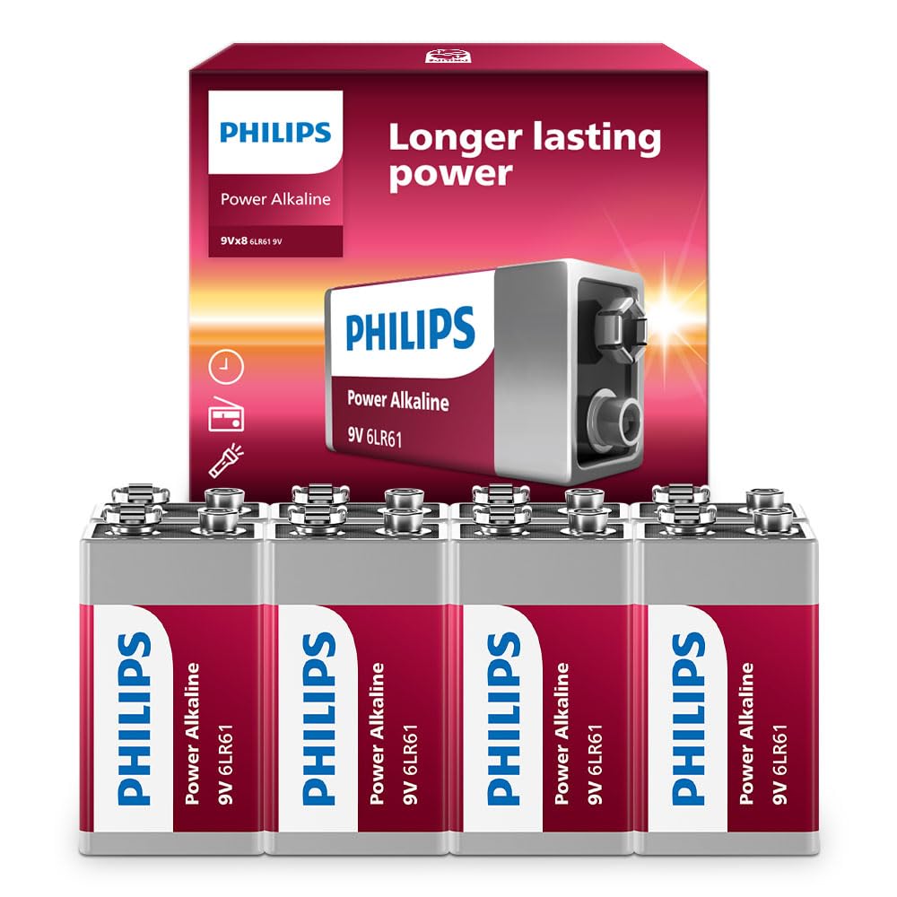PHILIPS 9 Volt Battery (8-Count) Power Alkaline 9v Batteries for Smoke Detector Long Lasting Power Up to 10 Years in Storage 9v Battery Leak Proof Design All Purpose Rectangle Batteries.