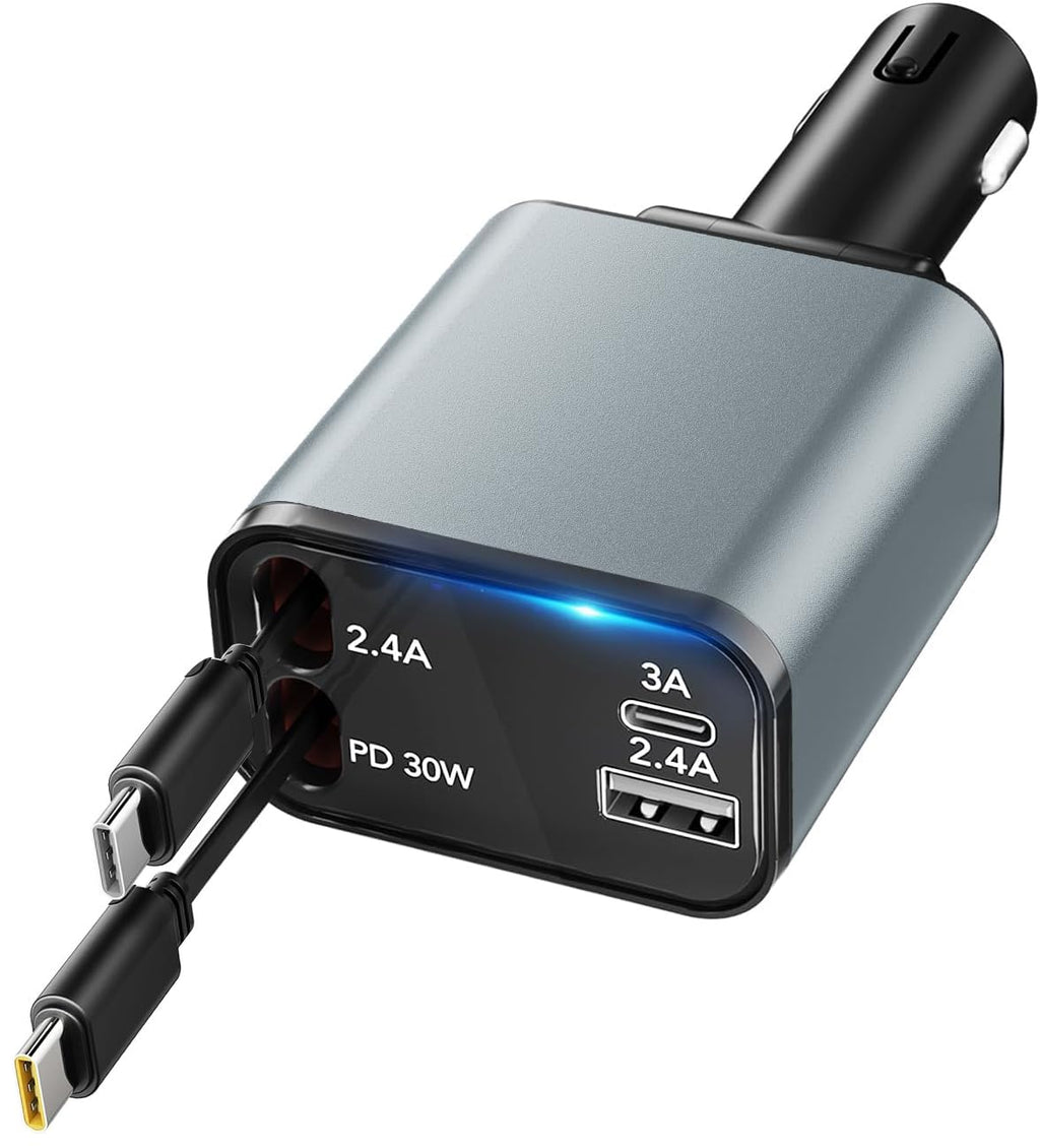 Retractable Car Charger 4-in-1 Fast Car Phone Charging with Dual 2.6ft USB C Cords Dual USB Ports Car Charger Adapter Automotive Interior Car Accessories and Road Trip Essentials Must Haves