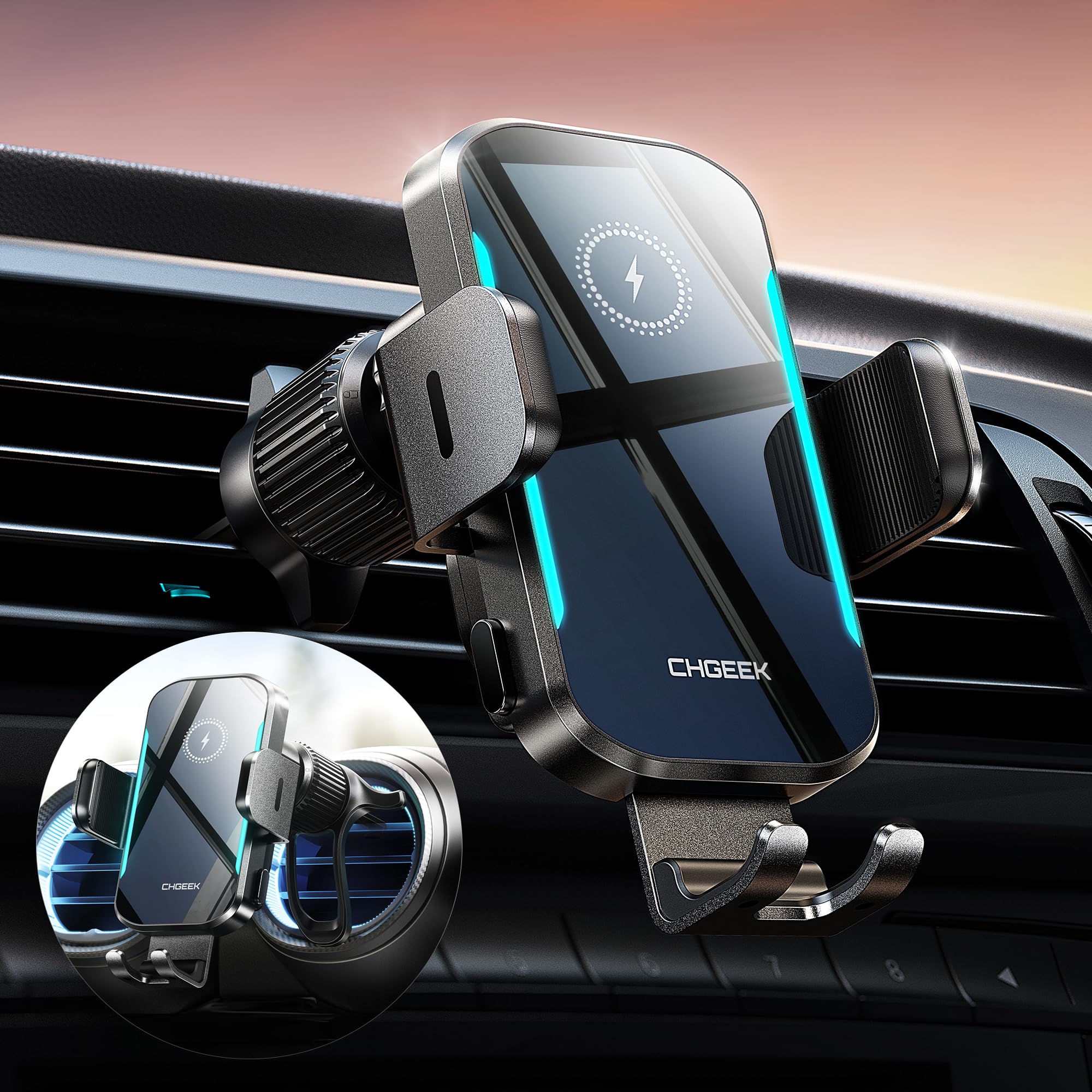 CHGeek Wireless Car Charger, 15W Fast Charging Car Phone Holder Charger Auto-Clamping Air Vent Phone Mount Car Charger with Blue LED Backlit for iPhone 16 15 14 13 12, Samsung S24 S23 S22, etc
